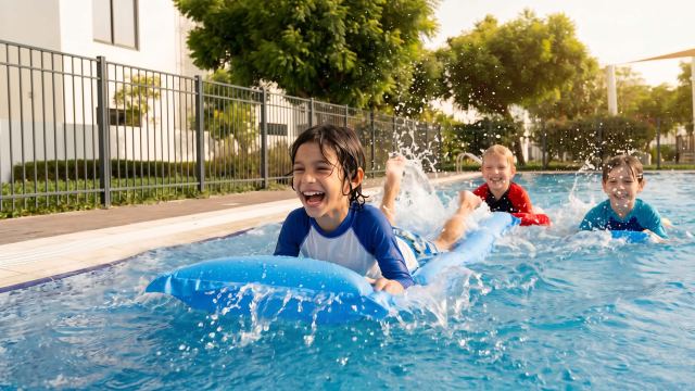 Children in the swimming pool at Al Ghadeer Gardens.