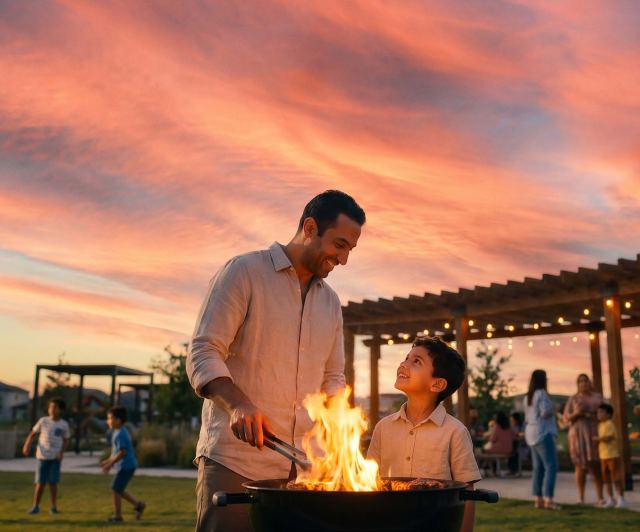 A BBQ pavilion on the picnic lawns at Al Ghadeer Gardens.