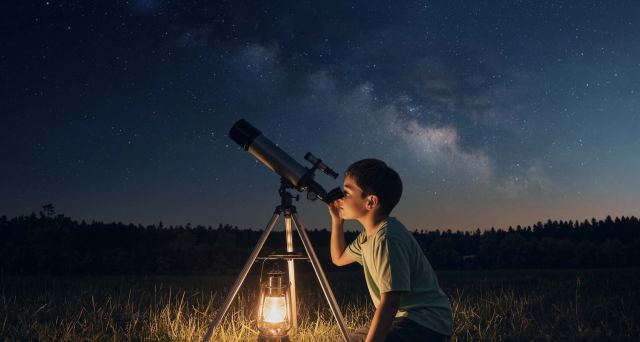 Stargazing through a telescope at Al Ghadeer Gardens.