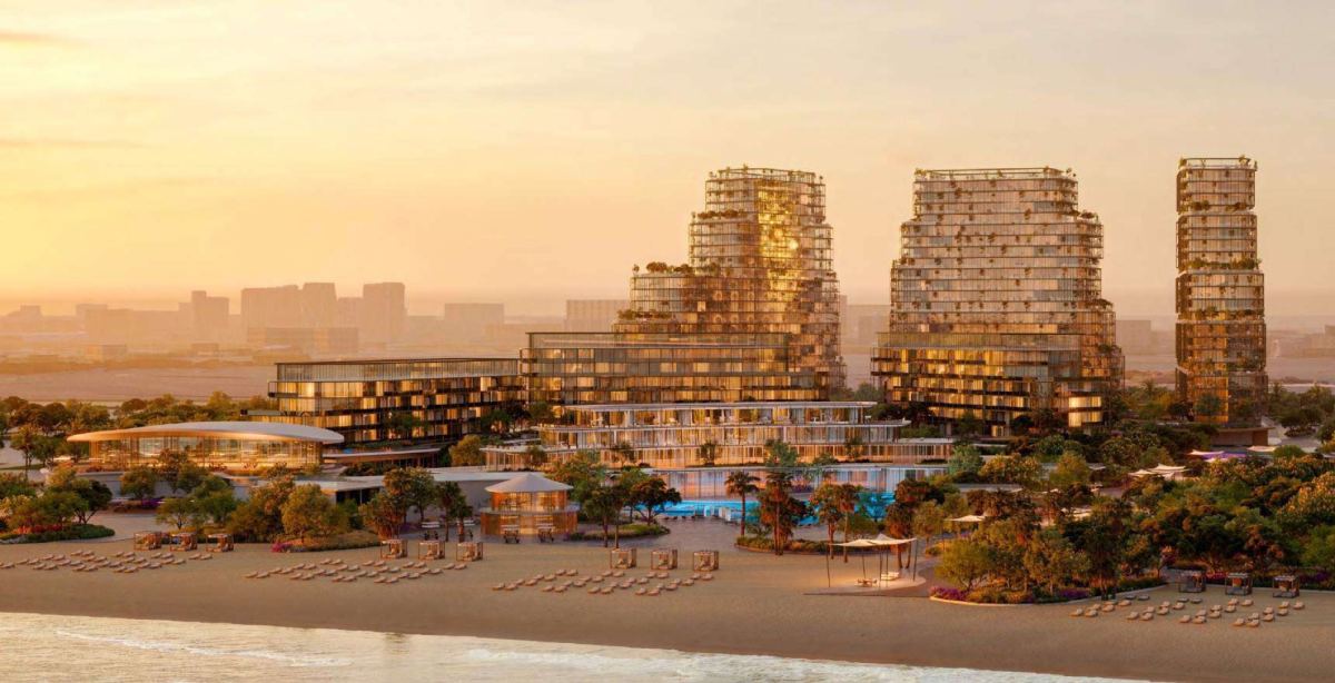 HADO by Beyond at sunset, seen from the beach at Siora on Dubai Islands.