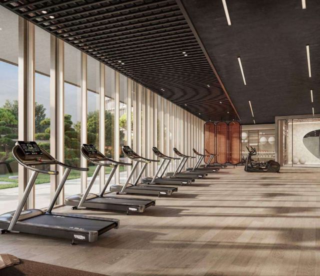Gym at HADO, with full-height glazing onto the gardens.