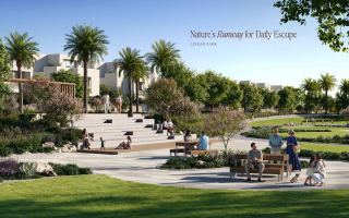 Linear park with shaded seating and walking paths running through The Heights community.