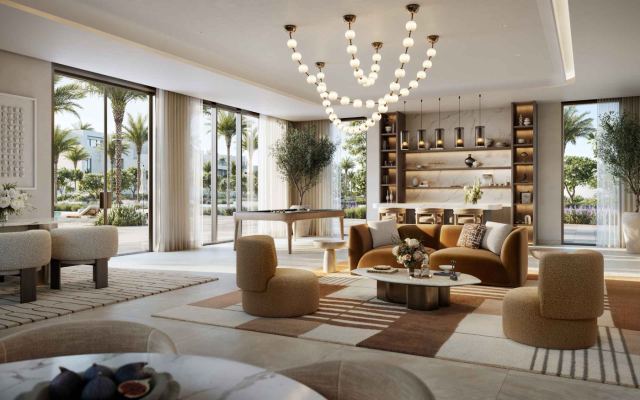 Clubhouse interior in a warm neutral palette at The Heights Country Club & Wellness.