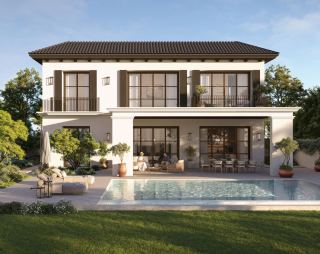 Villa rear elevation at Hudayriyat Golf Estates with pool, pergola and covered terrace.