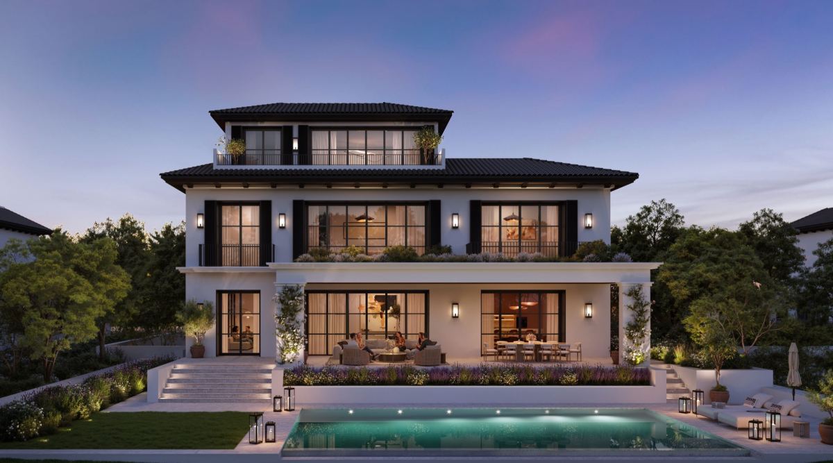 A six-bedroom Golf Mansion at Hudayriyat Golf Estates at dusk.