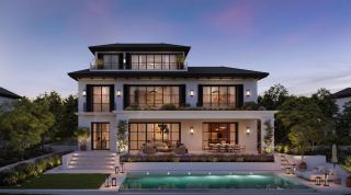 Six-bedroom Golf Mansion at Hudayriyat Golf Estates at dusk, with private pool and terrace.