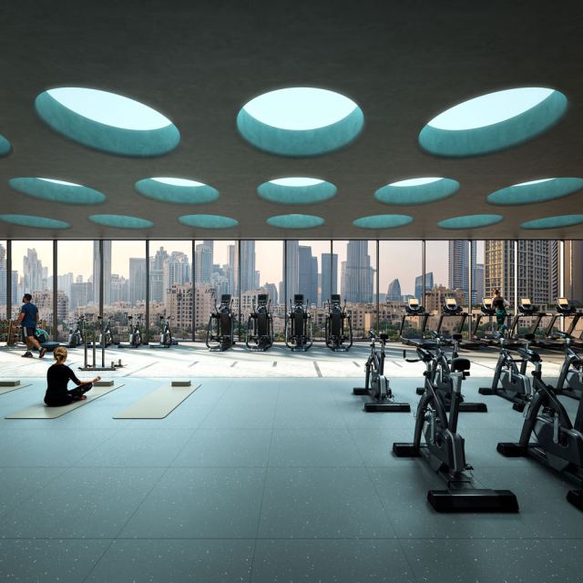 Formative gym at Inaura with equipment along a full-height window.