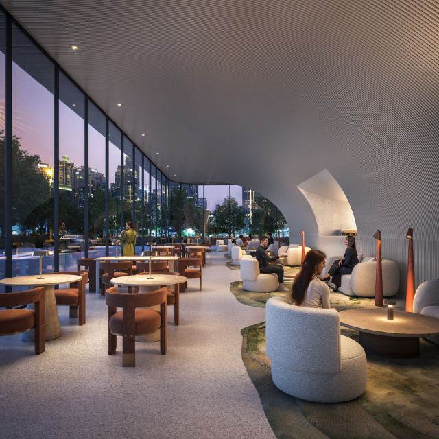 All-day dining room at Inaura with garden views.