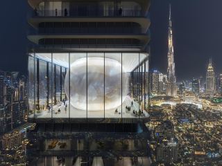 The Pearl, Inaura's suspended sky lounge, looking out over Downtown Dubai.