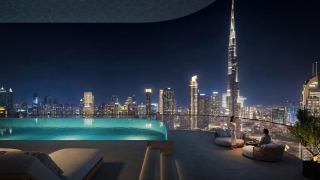 Rooftop pool at Inaura looking across to the Burj Khalifa.