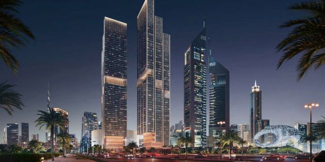 The two towers of Jumeirah Residences Emirates Towers on Sheikh Zayed Road, beside Jumeirah Emirates Towers.