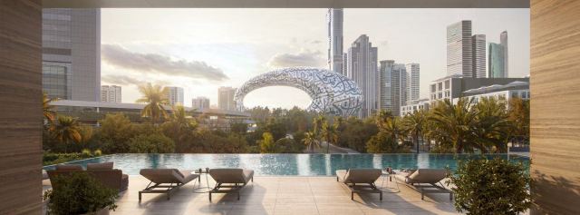 The infinity sky pool at Jumeirah Residences Emirates Towers, with the city beyond its edge.