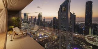 Private rooftop terrace and plunge pool of a four-bedroom residence, above the Dubai skyline.