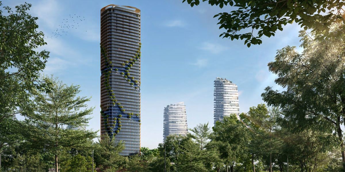 Kanyon by Beyond rising above the trees of the Forest District in Dubai Maritime City, with the green ribbon on its façade.