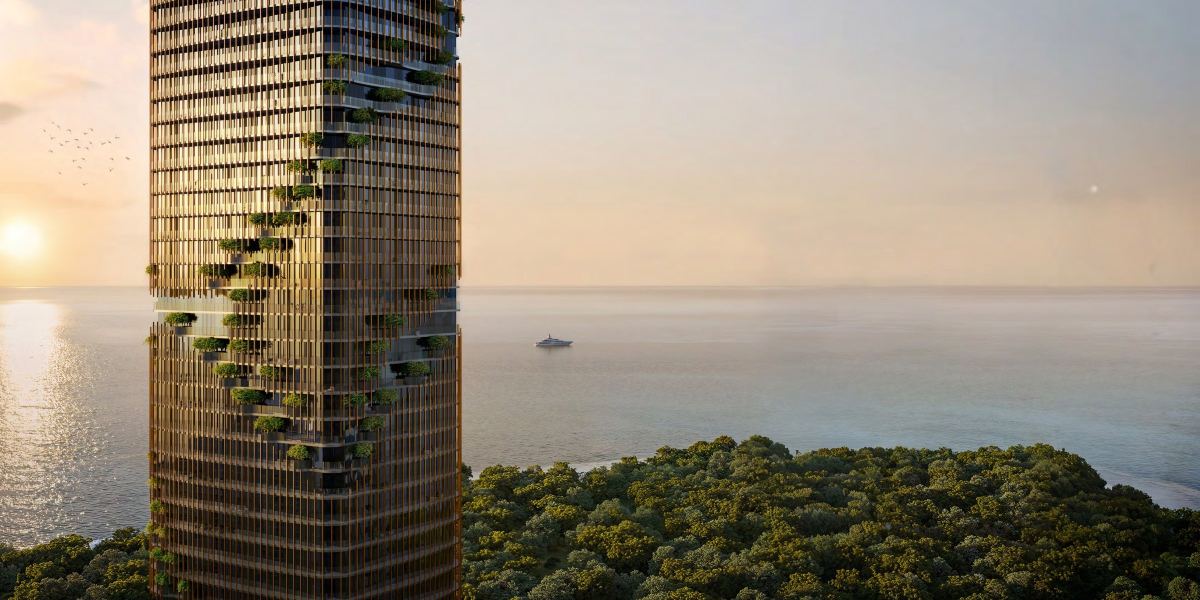 Kanyon by Beyond against the sea at sunset, with planting climbing the tower.