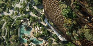 The pool deck at Kanyon seen from above through the planting.