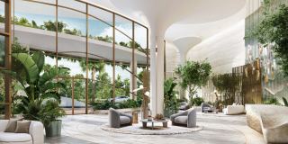 A planted, glass-wrapped amenity level at Kanyon by Beyond.