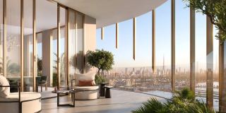 A living space at Kanyon with floor-to-ceiling glazing onto the Dubai skyline.
