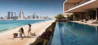Beachfront villa at Marsa Al Saadiyat with an infinity pool overlooking the beach and the Abu Dhabi skyline.