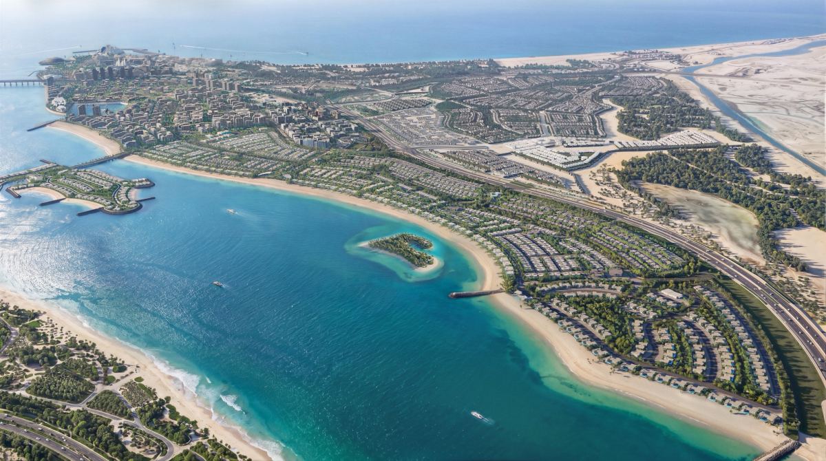 Aerial view of Saadiyat Island showing the Marsa Al Saadiyat coastline, beaches and waterfront neighbourhoods.