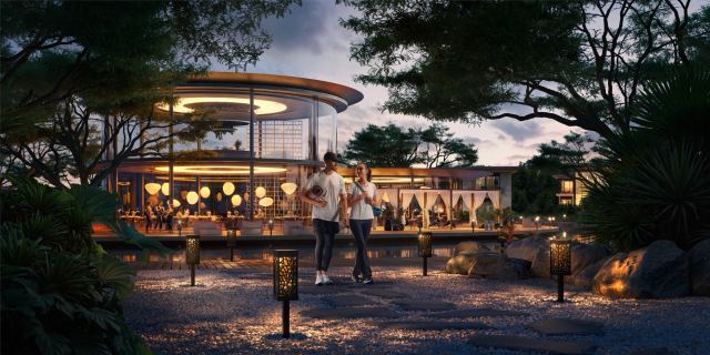 Garden pavilion set among mature planting in the landscaped grounds at Marsa Al Saadiyat.