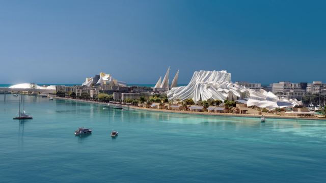 Marina and waterfront at Marsa Al Saadiyat with the Saadiyat Cultural District in the background.