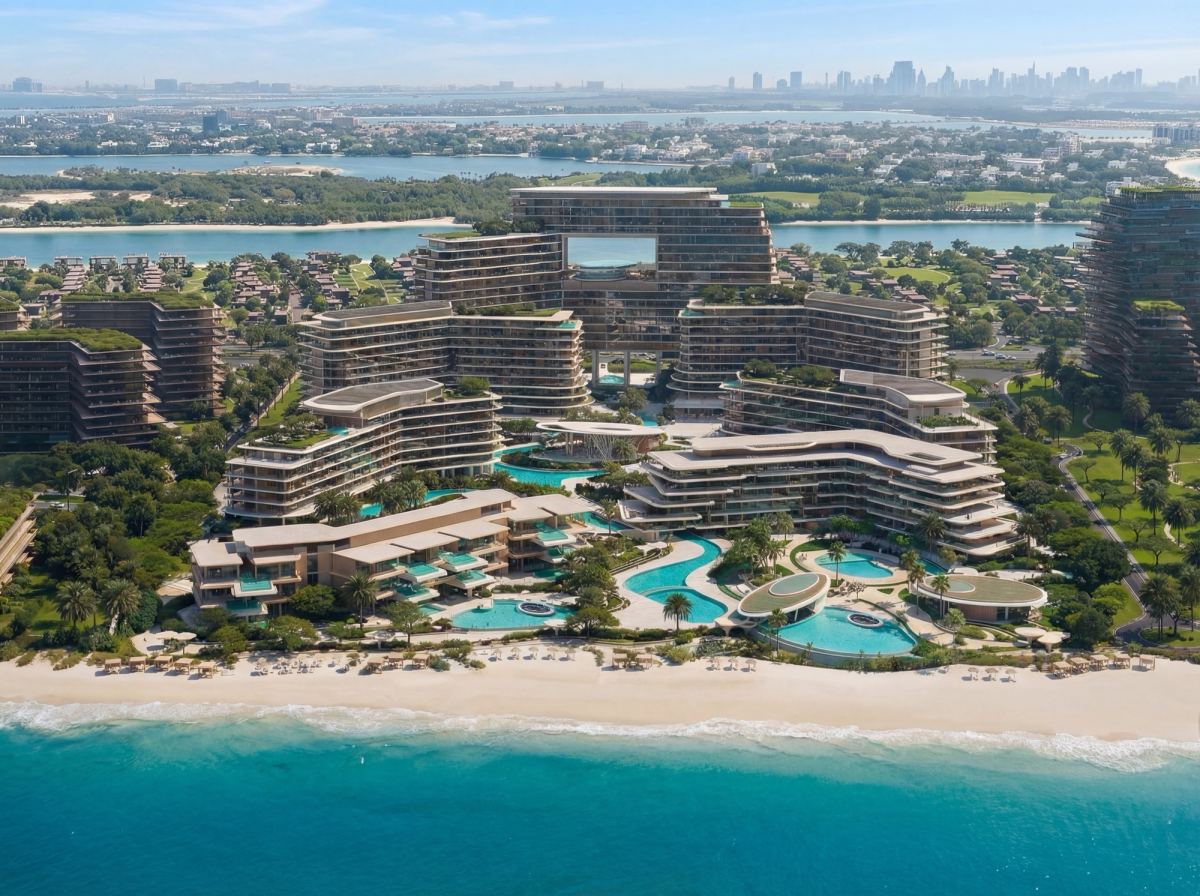 Aerial view of The Meriva Collection on Dubai Islands, with the five residential buildings stepping down to the private beach.