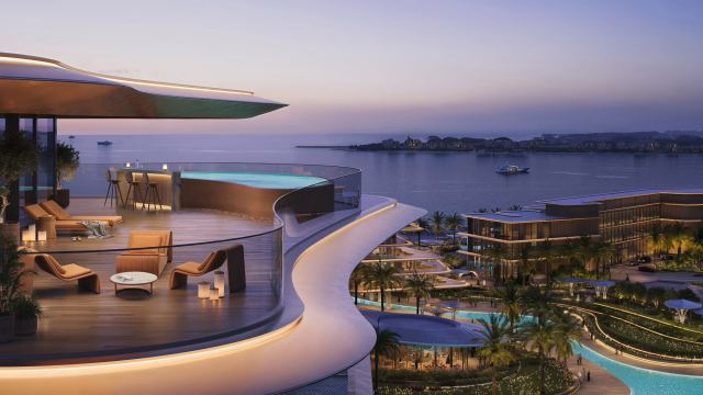 Penthouse terrace with private pool at The Meriva Collection, overlooking the shoreline.