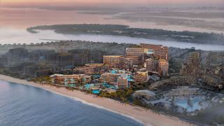 Wide aerial of The Meriva Collection beachfront enclave on Dubai Islands, Island B.