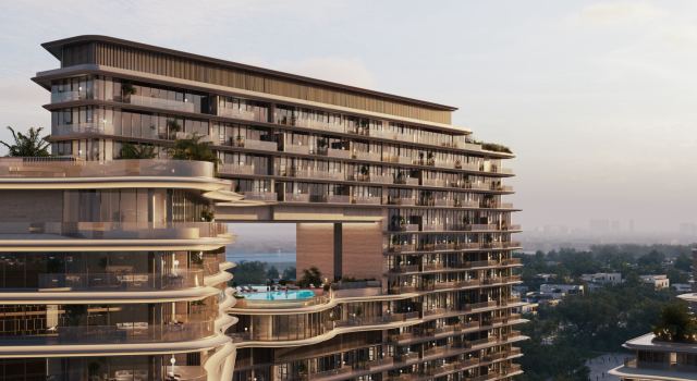 Layered terraces and pool deck on the residential facade at The Meriva Collection.