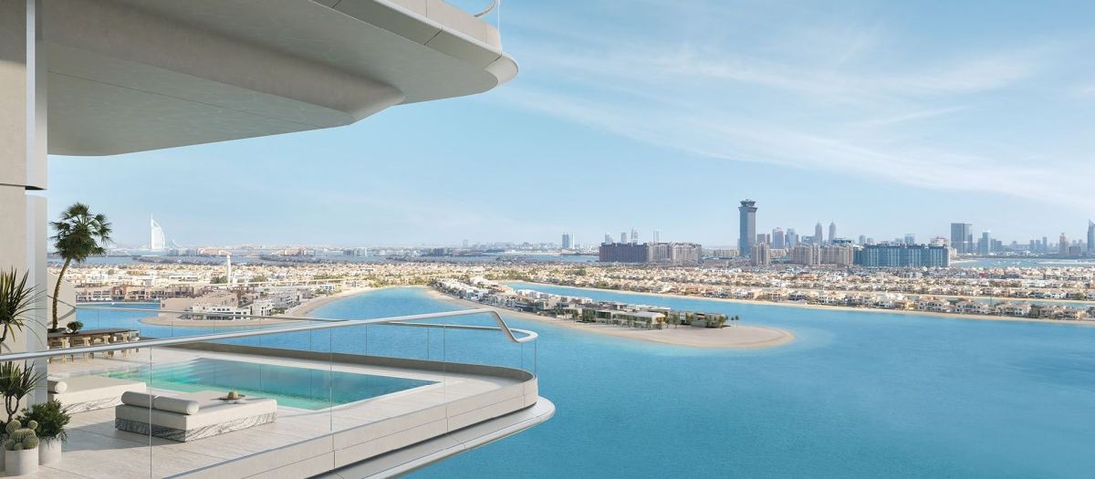 A terrace at ORLA with a private pool, over Palm Jumeirah and the Arabian Gulf.