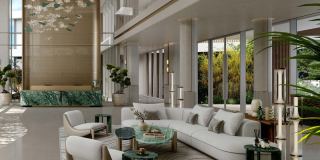 Double-height lobby lounge at Palm Central Private Residences.