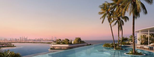 The sky pool and garden at Passo at dusk, looking toward the Dubai Marina skyline.