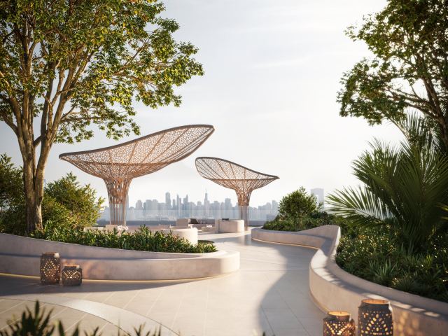 A rooftop sky garden at Passo, with sculptural shade canopies and the skyline beyond.