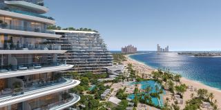 The beach along the Crescent from a terrace at Passo, with Atlantis The Royal and Atlantis the Palm beyond.