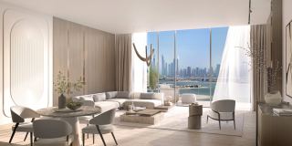 The living and dining room of a two bedroom residence at Passo, with the skyline through the glass.