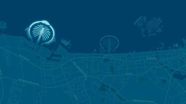 Map of the Dubai coast showing Palm Jebel Ali south of Palm Jumeirah and The World Islands