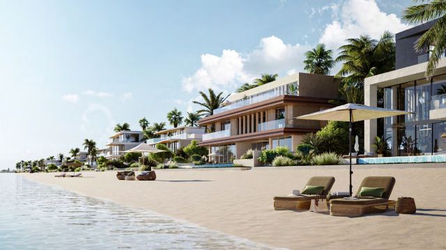 The beach and shoreline at Palm Jebel Ali, with villas set back from the sand