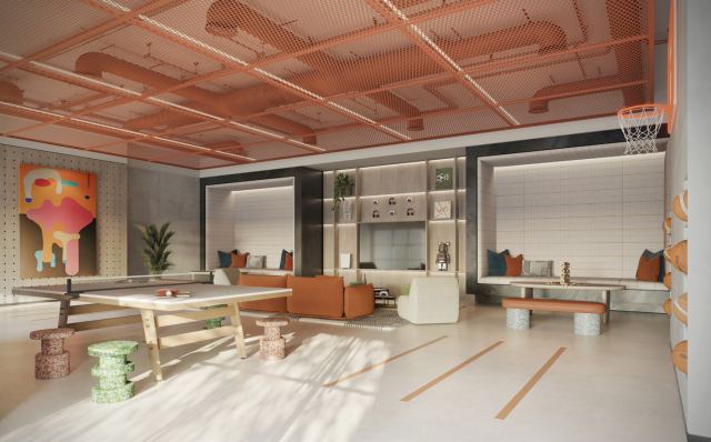 Kids' playroom at Rise by Athlon with an indoor basketball hoop.
