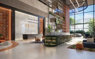 Double-height Athlon lobby with a climbing wall and café.