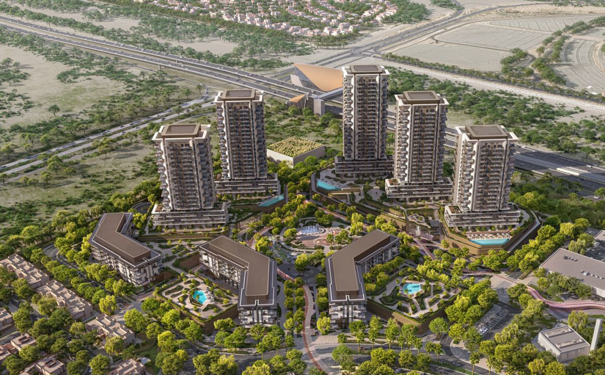 The five towers and three low-rise buildings at Rise by Athlon.