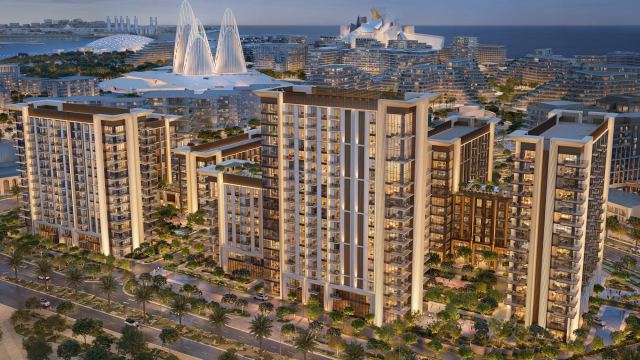 The towers of Sei Saadiyat seen from above, with the Cultural District beyond