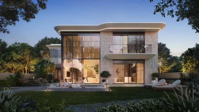 A two-floor villa at Talay with its lawn, terrace and screened façade