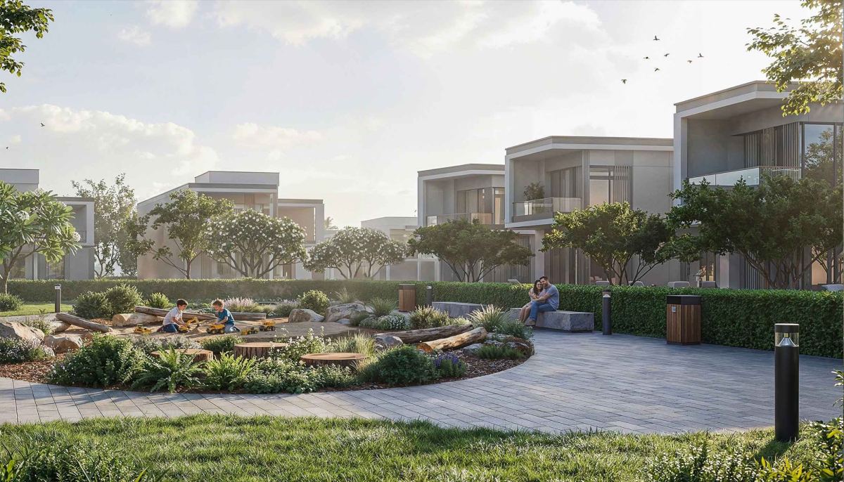 Modern two-storey standalone villas with landscaped gardens and a natural play area at Sobha Sanctuary in Dubailand.