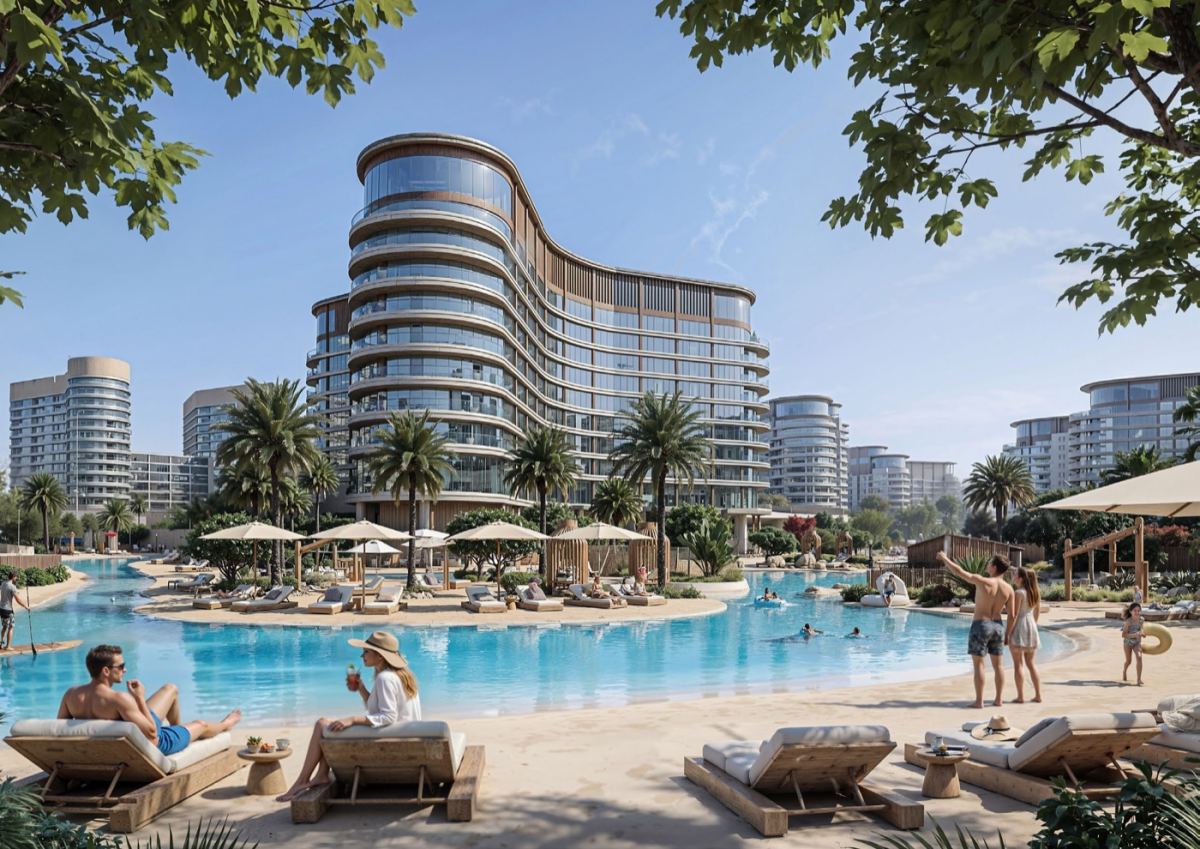 Beach lagoon at Sobha Sanctuary with sun loungers, palm trees and the community's curved retail frontage behind.
