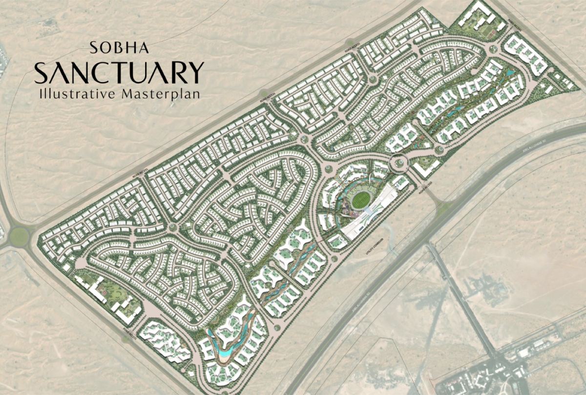 Illustrative master plan of Sobha Sanctuary, 37.5 million sq ft in Dubailand, showing villa districts, the central park and the wellness loop.