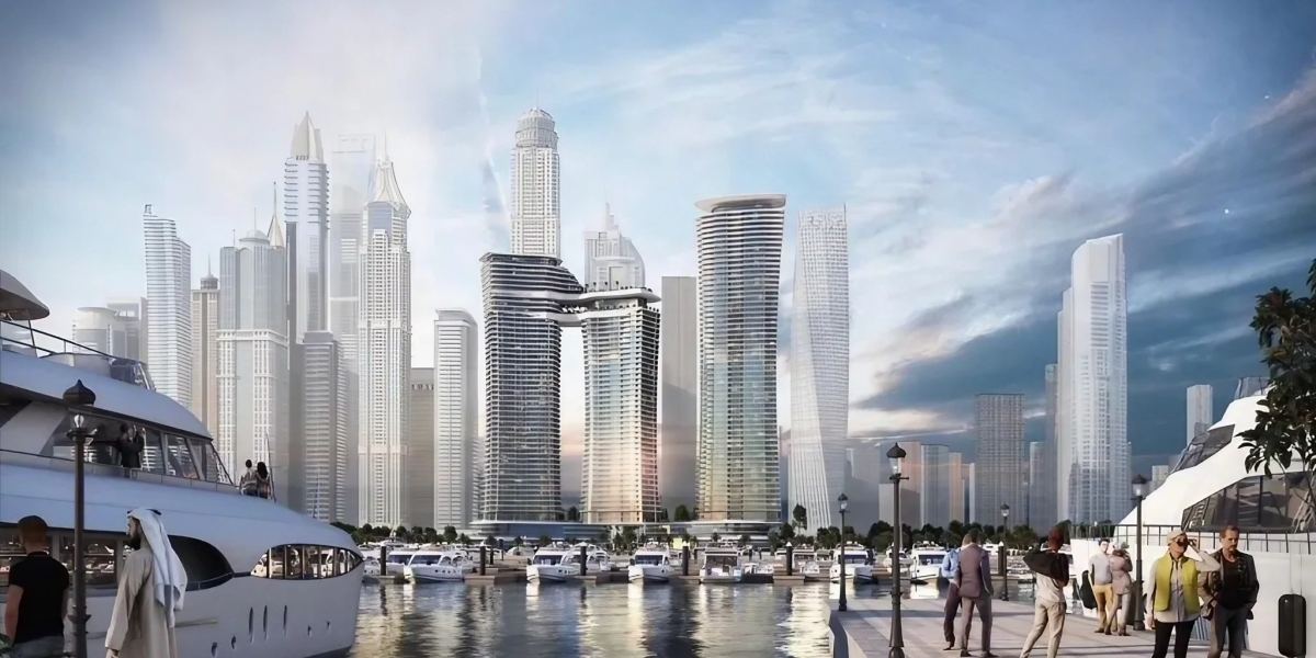 The three towers of Sobha Seahaven above the marina at Dubai Harbour, with the Dubai Marina skyline behind.