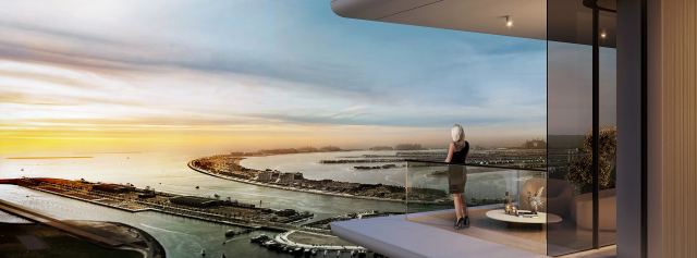 The view from a Sobha Seahaven terrace at sunset, along the coast.