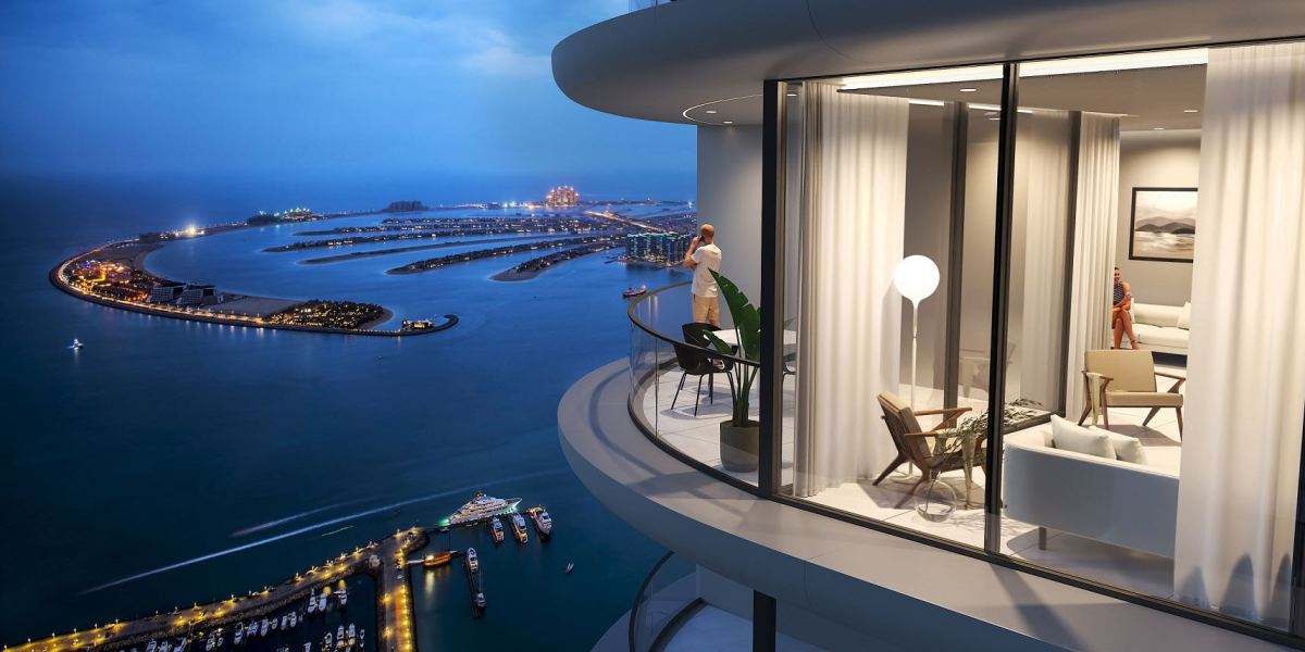 A balcony at Sobha Seahaven at night, looking out over Palm Jumeirah.
