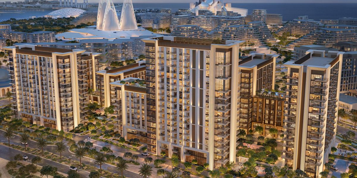 Sei Saadiyat by Aldar seen from above at dusk, with Saadiyat Cultural District behind.